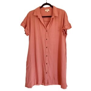 UMGEE womens shirt dress mini linen rayon pink frayed hem ruffle button sz small